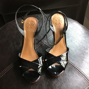 Tory Burch patent leather open toe heels